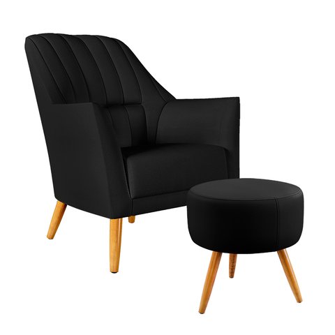 Poltrona Orion Bordada com Puff Solar Courino Preto Aradecor