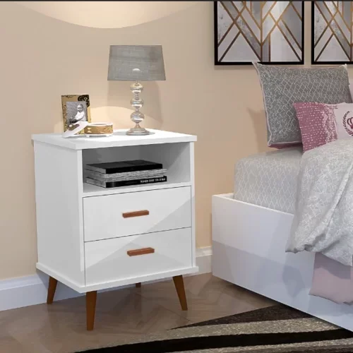 Mesa de Cabeceira Itália Pés Retrô 2 Gav e Nicho Quarto Pequeno Branco - 3