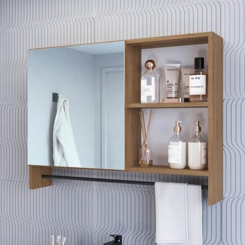 Espelheira para Banheiro Crpro-EPL006 1 Porta 2 Nichos MDP com Espelho 80cm Mel Multimóveis