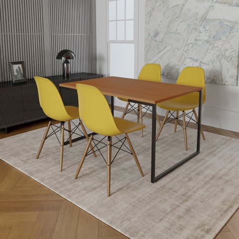 Mesa Industrial Base de Ferro Preto 137x90 Tampo Canela 4 Cadeiras Eiffel Madeira Assento Amarelo