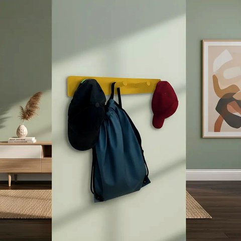Cabideiro de Parede Porta Bolsas Mochilas Tolhas Pinos Amarelo Laca