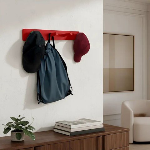 Cabideiro de Parede Porta Bolsas Mochilas Tolhas Pinos Vermelho Laca