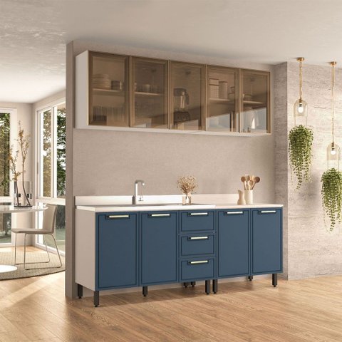 Cozinha Compacta Amara 9 Portas 3 Gavetas com Vidro 40250789 Azul/branco - Politorno