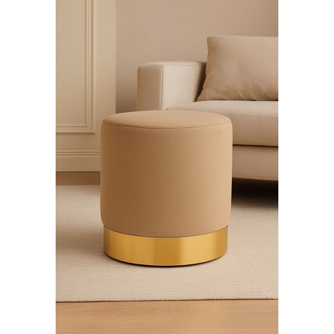 PUFF COM RODAPE DOURADO  BEGE LINHO