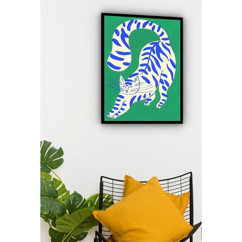 Quadro Decorativo Arte Gato Fundo Verde - 70x50cm:moldura Branca