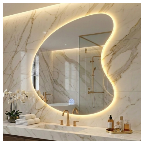 Espelho Led 3 Cores Orgânico Ondas Luz Iluminação Botão Touch Screen 70x51 Decorativo