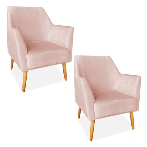 Kit 02 Poltronas Decorativa Julia Veludo Pés Palito Castanho - Pallazio Rosa Bebê