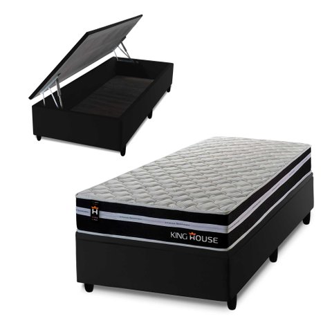 Conjunto Box Baú Solteirão Durham Preto 96x203x67 c/ Molas Ensacadas