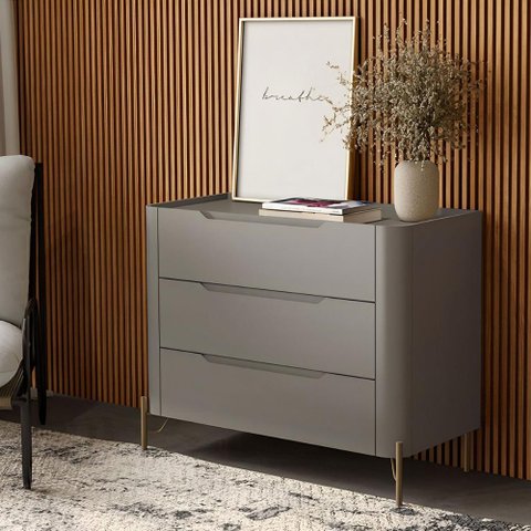 Cômoda com 3 Gavetas 97cm Pés em Metal 100% Mdf Cor:grigio com Dourado