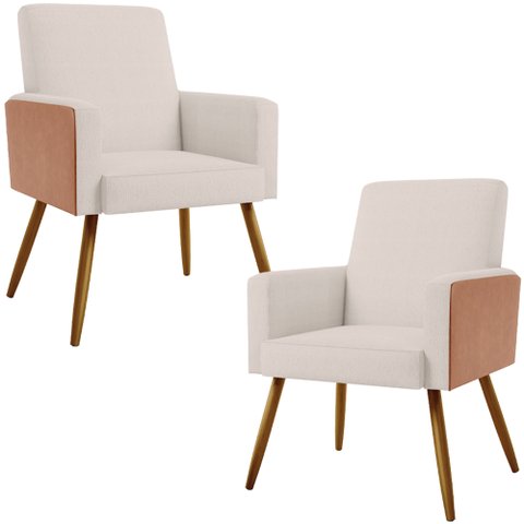 Kit 02 Poltronas Decorativa Maria W01 Pés Palito Linho Cru Couríssimo Camel - Lyam Decor