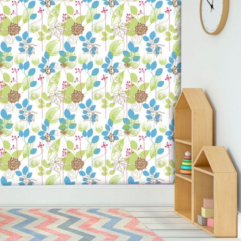 Papel de Parede Adesivo Lavável f0088 Floral Folhagem Azul e Verde - 1