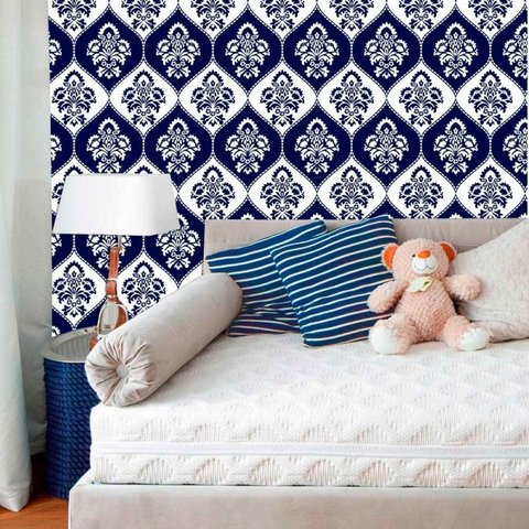 Papel de Parede Lavável Clássico Arabesco ca0074 Invertido Azul e Branco