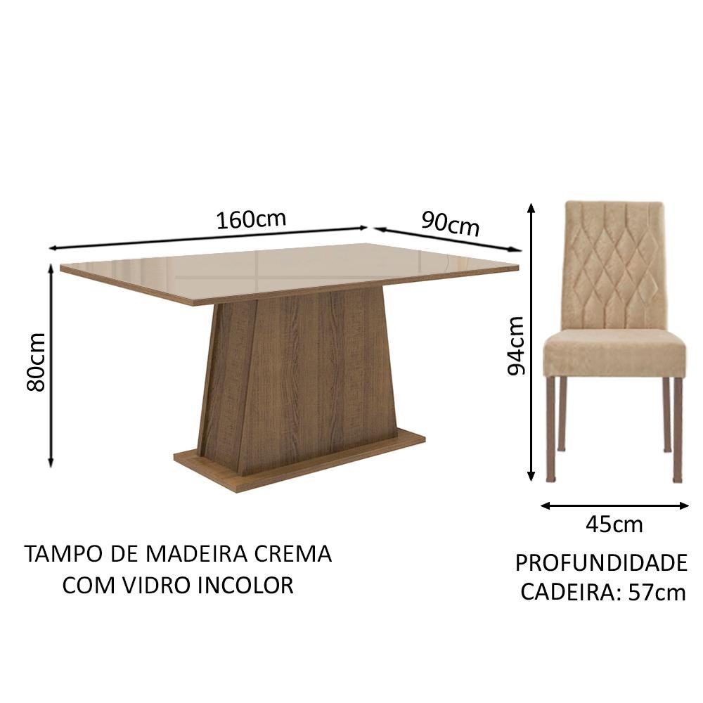 Conjunto Sala de Jantar Mesa Tampo de Vidro 4 Cadeiras Rustic/crema/imperial Aryeli Madesa - 4