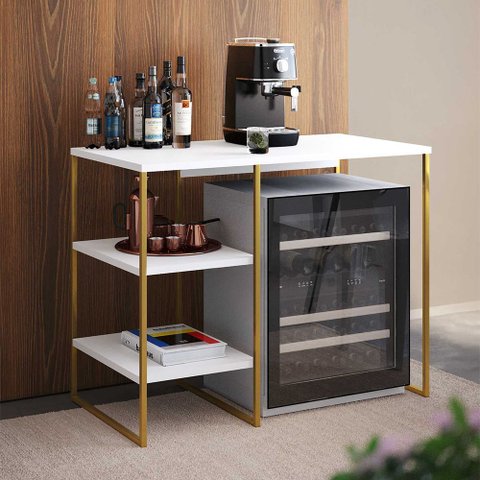 Aparador Adega Industrial Bar Barzinho Bourbon Aço Dourado e Branco 95 Cm