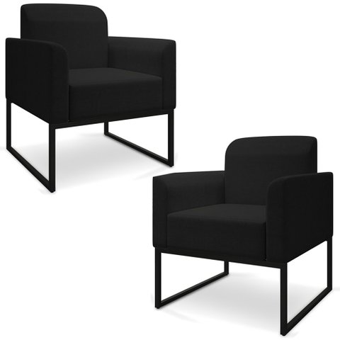 Kit 2 Poltronas Decorativas Isabella Base Industrial Linho Preto Gran Belo
