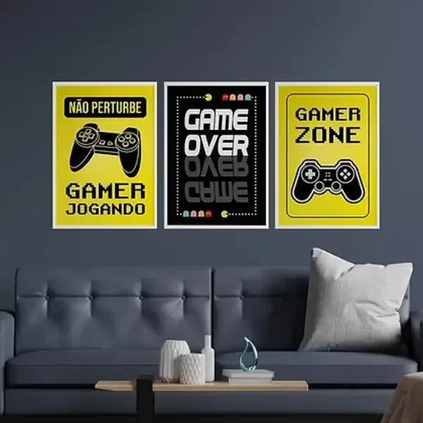 Ver imagem 1 de Kit 3 Quadros Gamer Zone Amarelo e Preto 33x24cm - com vidro:Madeira branca