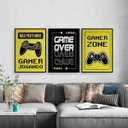 Ver imagem 2 de Kit 3 Quadros Gamer Zone Amarelo e Preto 33x24cm - com vidro:Madeira branca