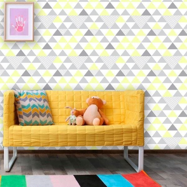 Papel de Parede Auto Adesivo D0113 Triangulo Amarelo, Branco e Cinza - 1