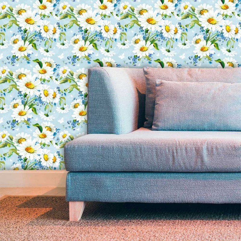 Papel de Parede Adesivo Lavável f0119 Floral Margaridas com Azul - 1