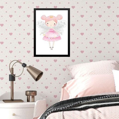 Quadro Infantil Menina Fadinha Princesa 45x34cm - com Vidro:madeira Branca