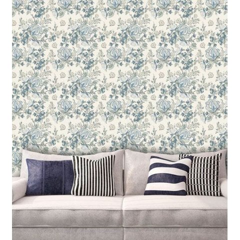 Papel de Parede Adesivo Lavável f0158 Floral Retrô Azul