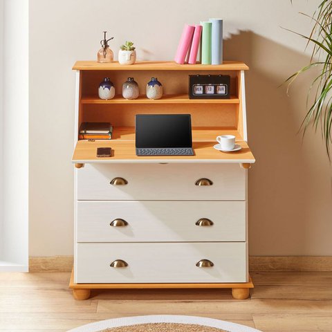 Escrivaninha Mesa Madeira 3 Gavetas Gomes Branco Mel