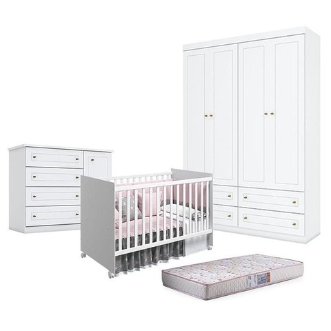 Quarto de Bebê Americano 4 Portas com Berço Nacional Mel Branco Acetinado – Reller - Henn e Colchão 