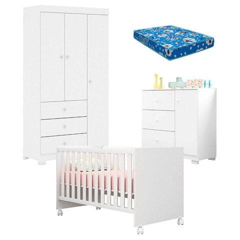 Quarto de Bebê Duda 3 Portas e Berço Americano Mini Cama Doce Sonho 100 Branco Brilho com Colchão Or