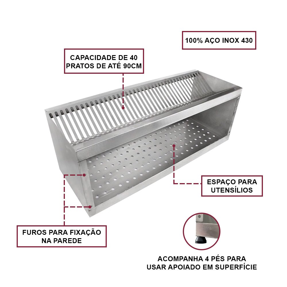 Escorredor Pratos Industrial Inox Pro 80x30 Edanca - 2