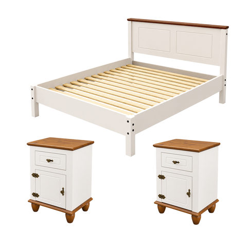 Conjunto Cama 1,58 Retro + 2 Mesa de Cabeceira Retro Off White/Nogueira