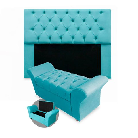 Kit Cabeceira Mirage + Calçadeira Baú Veneza Queen Size 160cm Suede - Ecotec Decor:Azul Turquesa