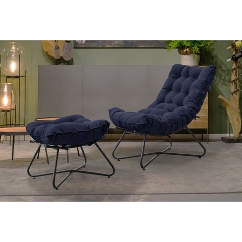 Poltrona Costela Luxo com Puff Eva Metal Preto Veludo Azul