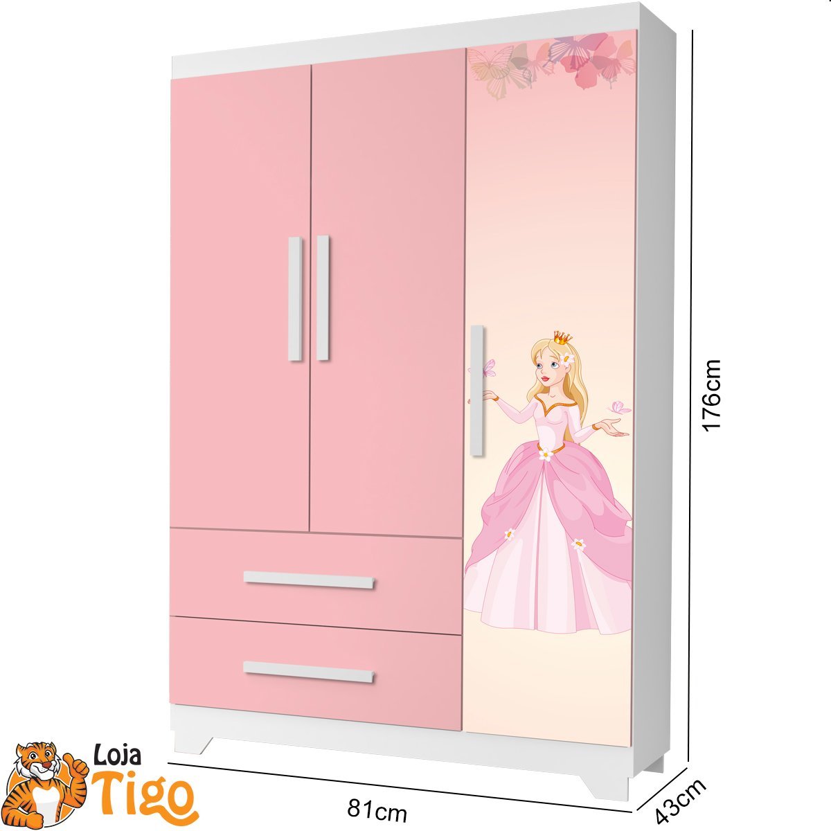 Quarto Infantil Princesa Com Cama, Cômoda, Guarda Roupa Rosa - 6