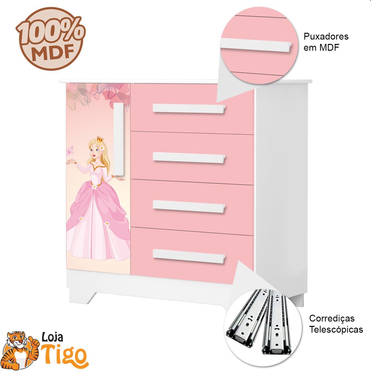 Quarto Infantil Princesa Com Cama, Cômoda, Guarda Roupa Rosa - 7