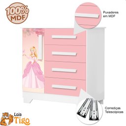 Quarto Infantil Princesa Com Cama, Cômoda, Guarda Roupa Rosa - 7