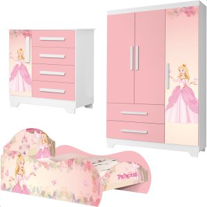 Quarto Infantil Princesa Com Cama, Cômoda, Guarda Roupa Rosa