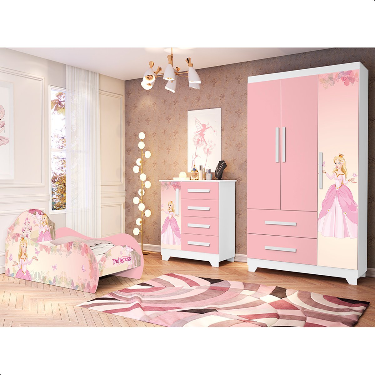 Quarto Infantil Princesa Com Cama, Cômoda, Guarda Roupa Rosa - 9