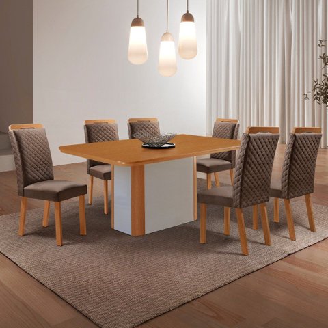 Mesa de Jantar Isadora 180cm Tampo MDF Canto Copo Laminado e 6 Cadeiras Lorena