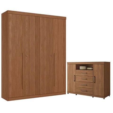 Guarda Roupa Casal Ripado 4 Portas Buriti e Cômoda Havana Master com Rodizio Jatobá Acetinado - Sant