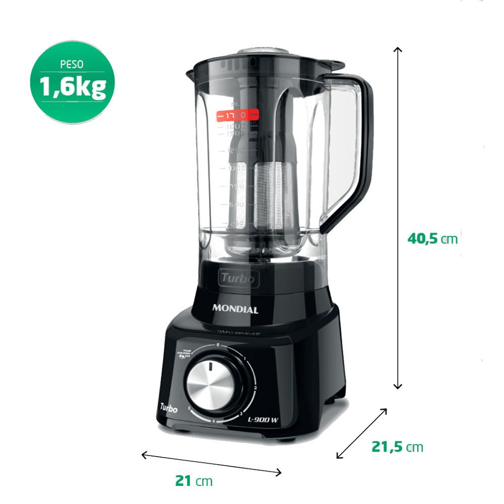 Liquidificador Turbo L-900 Fb 5 Velocidades 900w 2,7 Litros Mondial - Preto - 127 Volts - 7