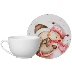 Xícara de Chá com Pires de Cerâmica Natalino Celebrações de Natal Sweet Christmas Mesa Posta Natalin
