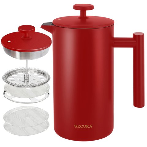 Secura Prensa Francesa de Aço Inoxidável 34oz com 2 Filtros Extras (vermelho)