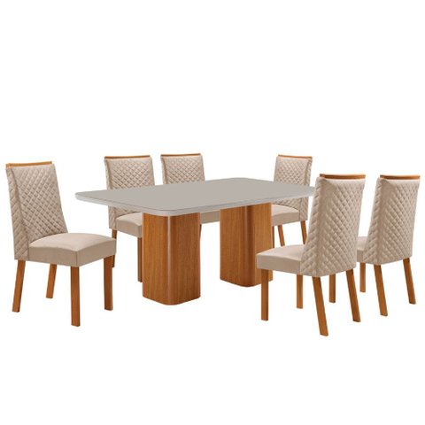 Mesa de Jantar Eloise 180cm Tampo MDF Vidro Canto Copo com 6 Cadeiras Yasmin