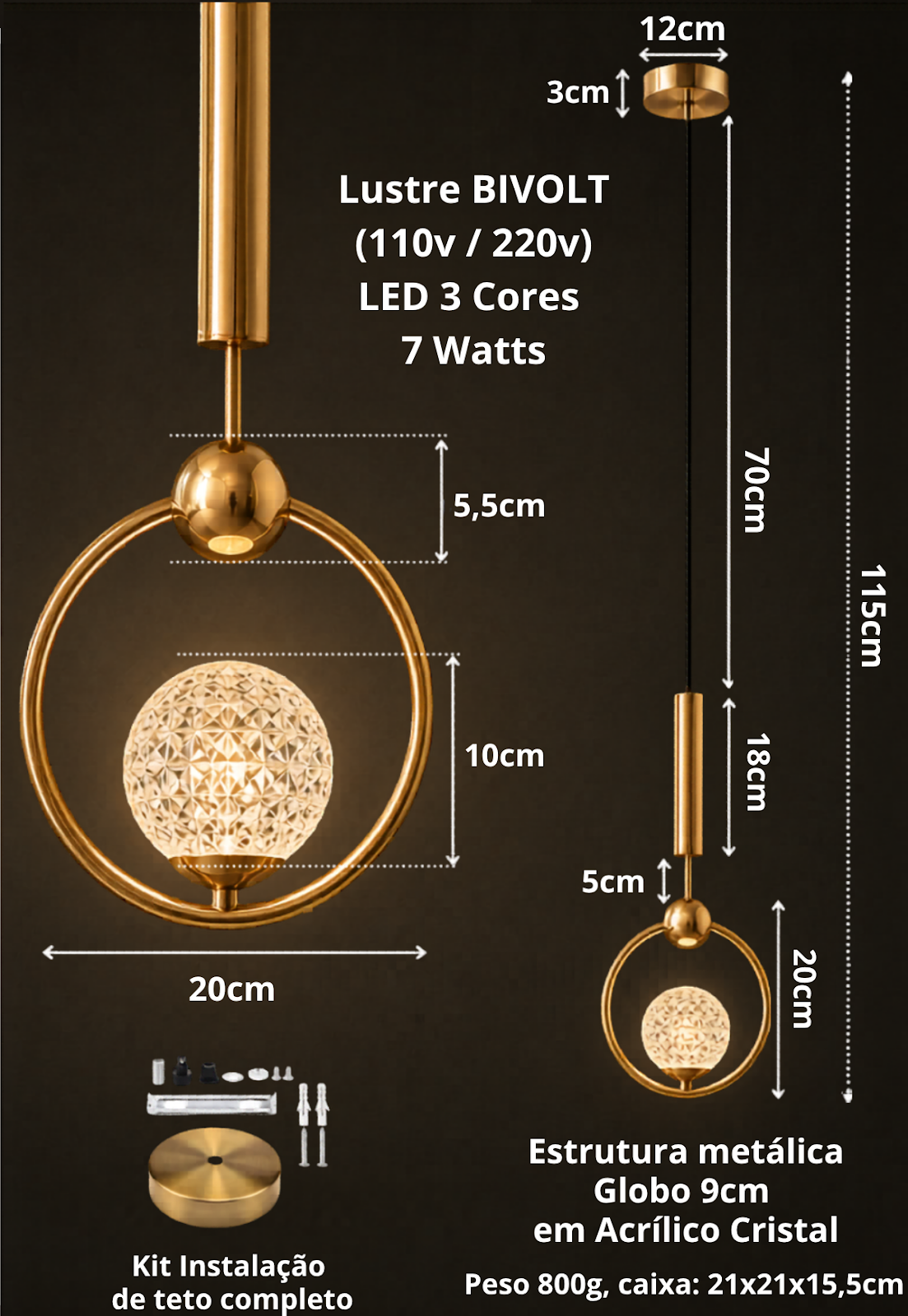 Ver imagem 6 de Lustre Pendente 115cm Led 7w 3 Cores Globo Acrílico Anel Luminária Teto Dourada Gimpo K-079-gold-3x1