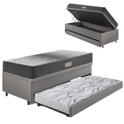 Bicama Box Baú Solteiro 88x188 Courino Linho Cinza com Colchão Dual Firm Ecoflex - 1