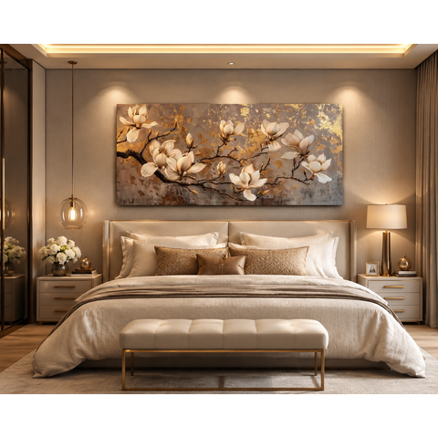 Quadro Decorativo Floral Magnólias Dourado em Canvas Borda Infinita 100x55
