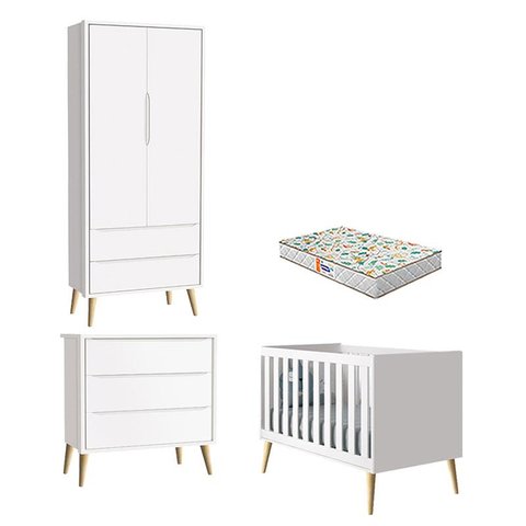 Quarto de Bebê 2 Portas e Cômoda Gaveteiro Theo Branco Pés Madeira Natural com Colchão Gazin – Relle