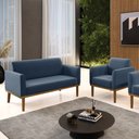 Ver imagem 2 de Sofá Namoradeira com Poltrona Base de Madeira Fixa Castanho Marisa Suede Azul Marinho - D'Rossi