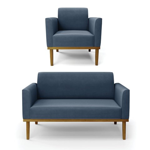 Sofá Namoradeira com Poltrona Base de Madeira Fixa Castanho Marisa Suede Azul Marinho - D'Rossi