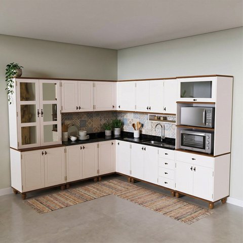Cozinha Completa Modulada 9 Peças com Ilha Joy Branco/Off White/Nogueira